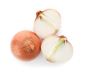 Whole and cut onion bulbs on white background, top view