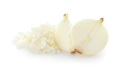 Cut fresh ripe onion on white background