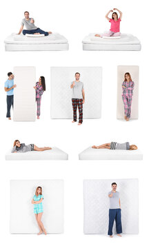 Collage with photos of people and mattresses on white background