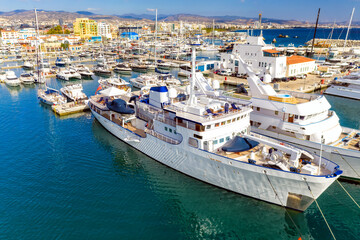 Fototapeta na wymiar View of super yahcht mored at Limassol Marina. Cyprus
