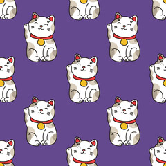 maneki neko seamless doodle pattern, vector hand draw illustration