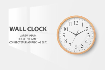 Vector 3d Realistic Simple Round Wooden Wall Office Clock with White Dial Closeup Isolated on White Background. Design Template, Mock-up for Branding, Advertise. Front View