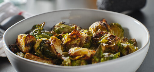 bowl of roasted brussels sprouts close up