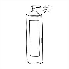 Cosmetic and perfumery accessory. Vial with washing gel. Bottle with dispenser and spray. Outline vector hand drawn illustration isolated. Care product. Wellness design elements. Women care