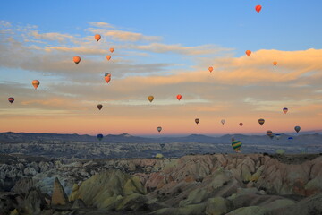 The magnificent Cappadocia valley with its rocky structure formed by volcanic tuffs. The most popular activity is to fly with balloons in the early hours. Nevsehir, Turkey