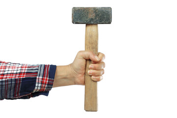 hand and arm of a handyman with a checkered shirt holding a hammer on a white background, iillustration of the concept made by yourself or home made, DIY course