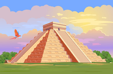 El Castillo (The Kukulkan Temple) of Chichen Itza, mayan pyramid in Yucatan, Mexico. Vector Illustration of ancient Mayan pyramids in the jungle in daytime
