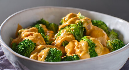 steamed broccoli with melted cheddar cheese sauce in bowl