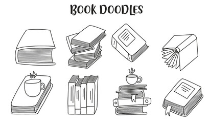 Set of Hand drawn Book doodles. Cute handmade Doodles isolated on white background.