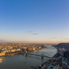 Fototapeta premium Aerial drone view of Danube river with bridges in Budapest durin