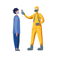 Hand holding thermometer gun checking man temperature vector design