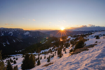 Sunset in the winter mountain landscape in South Tyrol, Italy