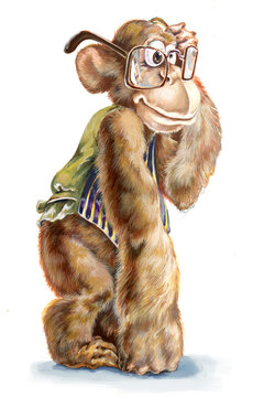 A monkey in his waistcoat holding glasses on face