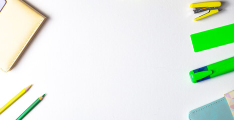 Notebook, pen, ruler on a light background close-up. Place to insert text
