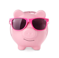 Piggy bank with sunglasses on white background