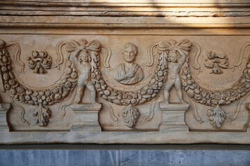 Ephesus Ancient city, Selcuk. Marble sarcophagus and relief patterns. 3rd Century AD. Turkey
