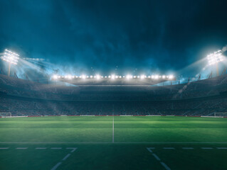 Football stadium with the stands full of fans waiting for the night game. 3D Rendering - obrazy, fototapety, plakaty