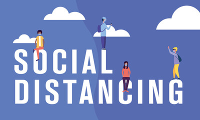 Social distancing between boys and girl with masks and clouds vector design