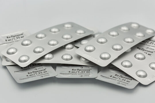 Perindopril and indapamide blisters by KRKA closeup against white.