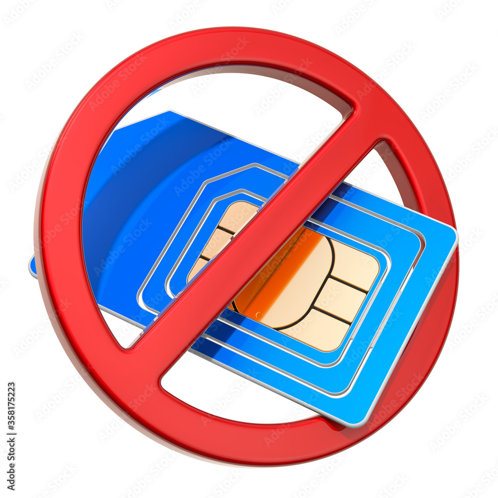 Poster sim card with red prohibition circle. 3d rendering