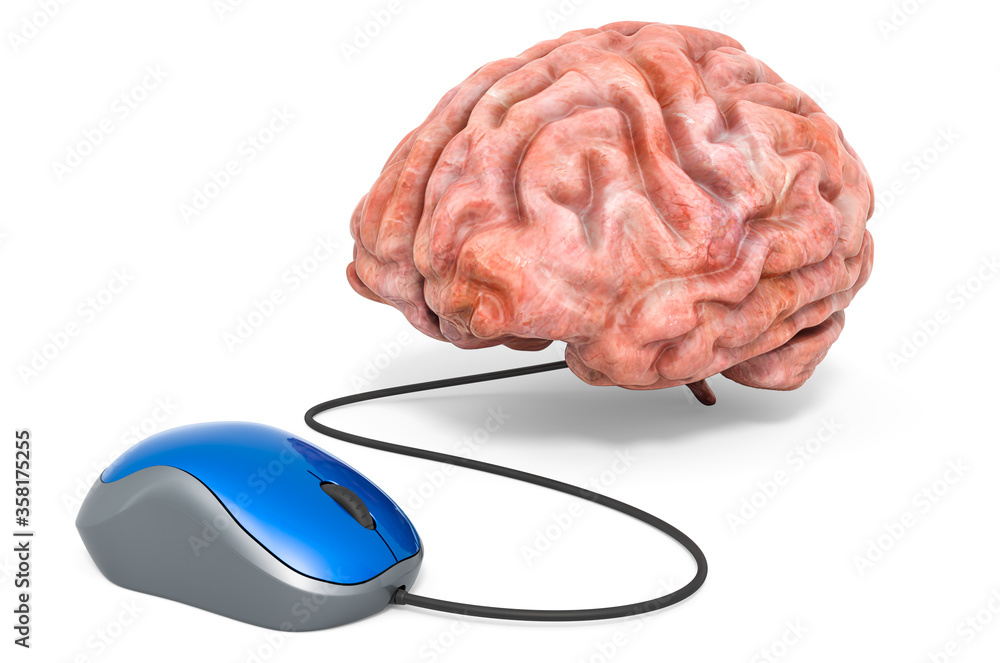 Poster brain with computer mouse, 3d rendering