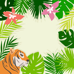 vector frame with tropical leaves, flowers and tiger