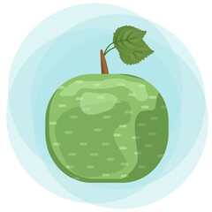 Vector graphic of green apple on a blue background. Illustration of healthy food for icons, logo and banners.