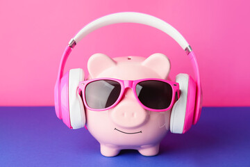 Piggy bank with sunglasses and headphones on color background