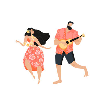 Hawaiian party concept with a man playing the guitar and dancing girl.