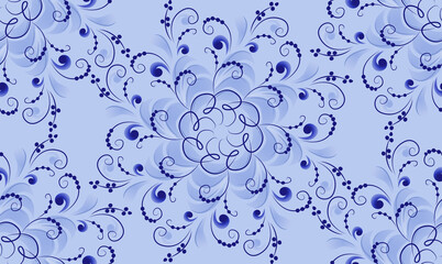 Seamless vegetative blue pattern made in the technique of Russian folk art. Abstract design