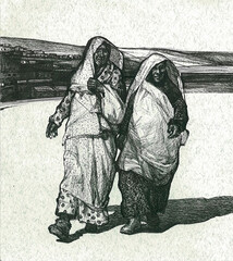 Two Muslim women in traditional clothes under the bright scorching sun.The Sahara desert, South of Morocco, Africa. Detailed drawing by hand with a gel pen.