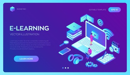 E-learning. Innovative online education and distance learning concept. Webinar, seminar, conference, teaching, online training courses. Skill development. 3D isometric vector with icons and characters