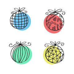 Christmas doodles. Hand drawn Christmas balls in various shapes and colors isolated on background. Doodle cute style.Great design element for Christmas cards.