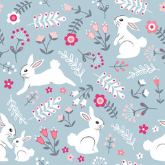 Seamless surface repeat vector pattern with cute little white bunnies and pink an white flowers and gray leaves on a light blue background