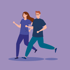 couple jogging, running practicing exercise, sport competition vector illustration design