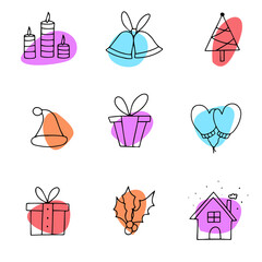 Set of Christmas icons. Hand drawn gift boxes in various shapes and colors isolated on background. Doodle cute style.Great design element for Christmas cards.
