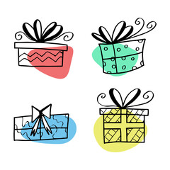 Set of Christmas icons. Hand drawn gift boxes in various shapes and colors isolated on background. Doodle cute style.Great design element for Christmas cards.