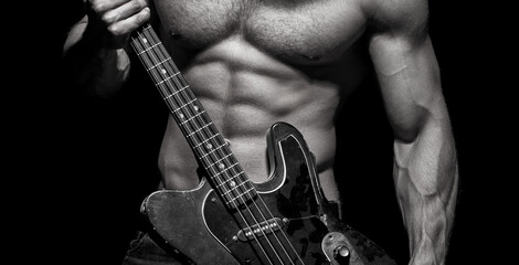Play the guitar. Torso man. Chest muscles, Six pack, ab, triceps. Electric guitar. Music festival....