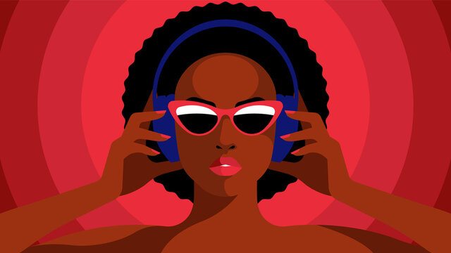Bright black woman listening to music on headphones. Female Music Lover is listening to favourite playlist or audio chat. Female avatar of beautiful woman in sunglasses. Modern Vector illustration.
