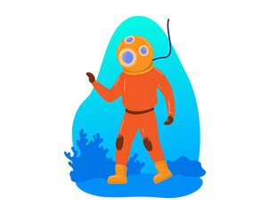Dangerous work underwater diver, research deep ocean underwater plunger isolated on white, cartoon vector illustration. Scientific study sea, heavy metal protect suit, walk water floor.