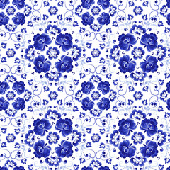 Seamless vegetative blue pattern made in the technique of Russian folk art Gzhel. Abstract design