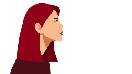 Beautiful brown hair. Portrait of a young girl side view. Vector illustration of a woman on a white background. Copy space.