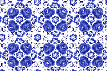 Seamless vegetative pattern made in the technique of Russian folk art Gzhel. Abstract design