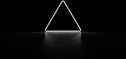 Glowing triangle in a dark space. Glowing pyramid reflected in a glossy floor. 3D Render