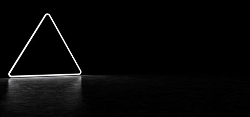 Glowing triangle in a dark space. Glowing pyramid reflected in a glossy floor. 3D Render