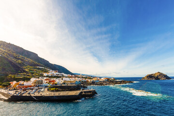 Fototapeta premium Aerial view of Garachico village on the coast of Atlantic ocean in Tenerife island of Spain