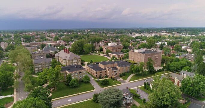 University campus in small Pennsylvania town, aerial drone footage