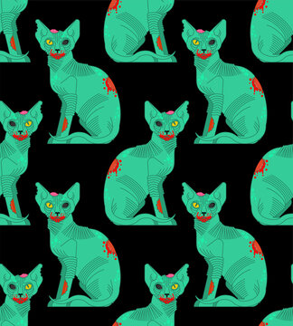 Zombie cat pattern seamless. Pet green monster background. vector texture