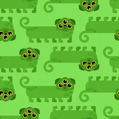Fotobehang Alien dog green cartoon pattern seamless. UFO pet background. Baby fabric texture © popaukropa