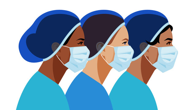 Nurses in medical mask and hat. Medical staff are fighting a viral infection. Vector illustration of a nurse in blue uniform on a blue.
